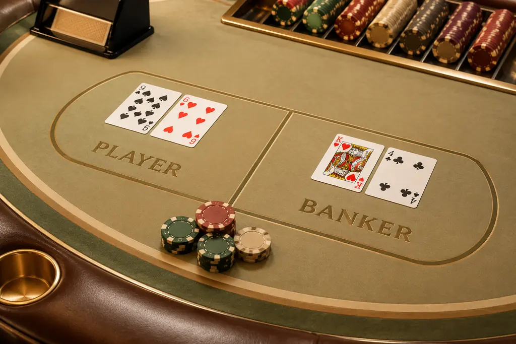 Meja baccarat dengan dua kelompok kartu dan keping kasino