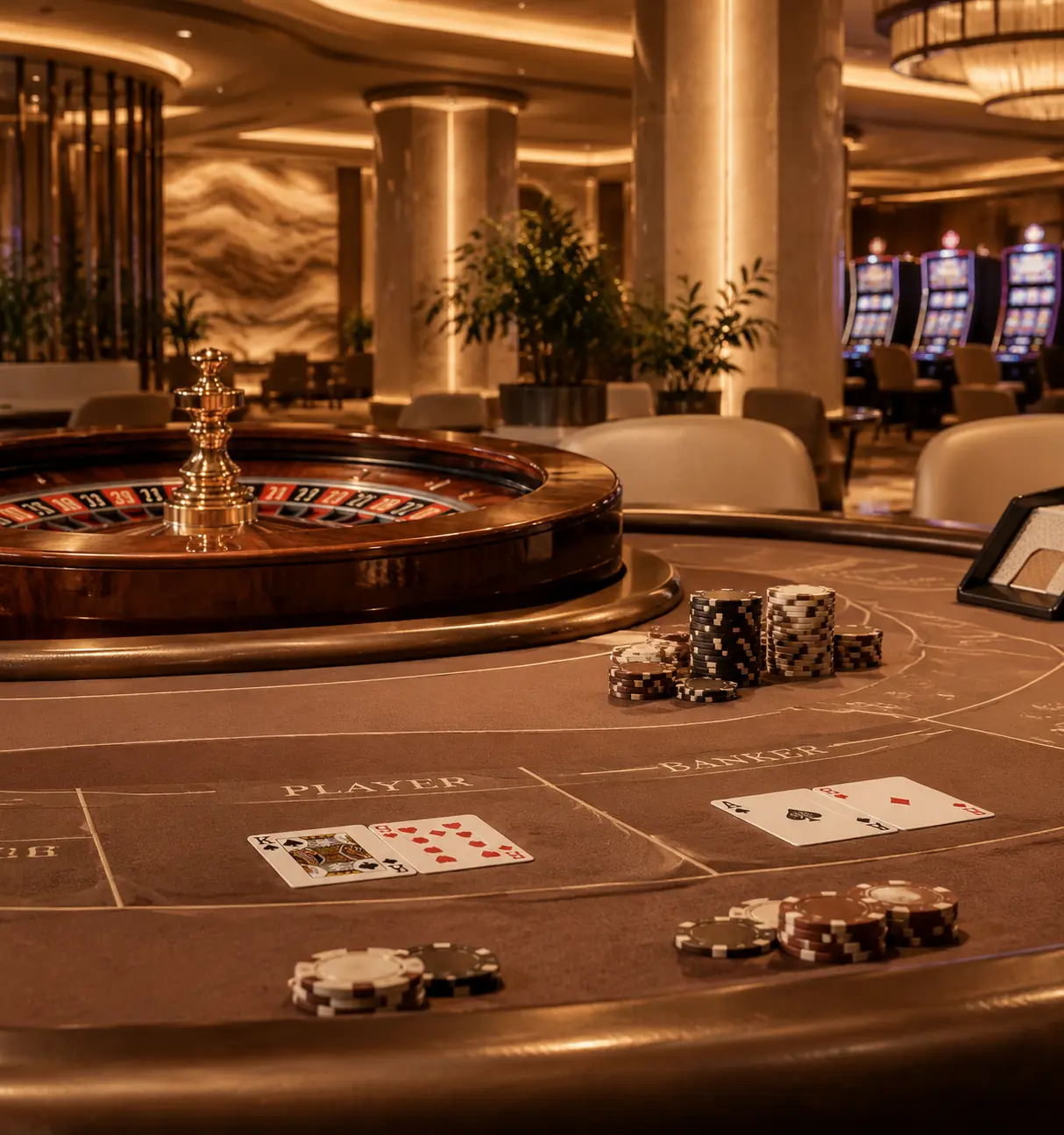 Interior kasino bernuansa pasir dengan meja kartu dan roda roulette