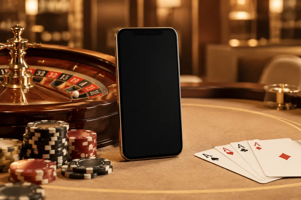 Ponsel dengan layar netral di samping meja roulette kasino