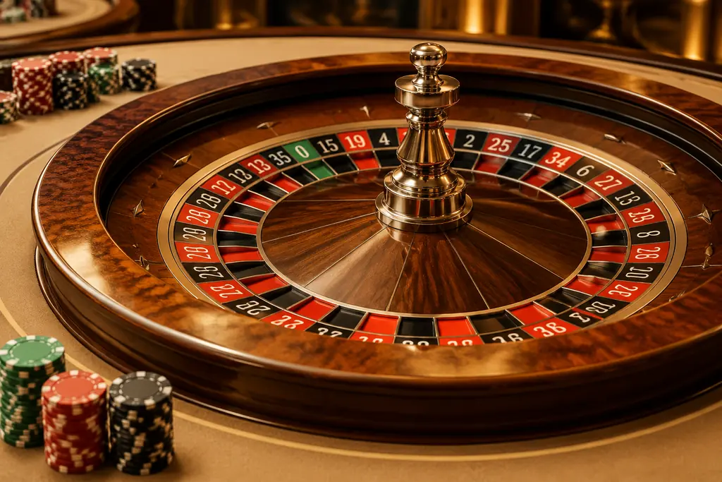 Roda roulette dengan bola putih dan keping di tepi meja